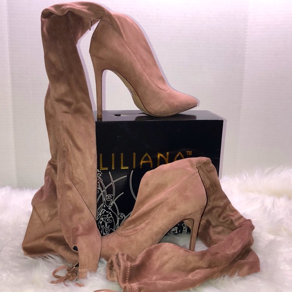 Suede Over-The-Knee Pointy Toe Heeled Boots - Picture 3 of 6